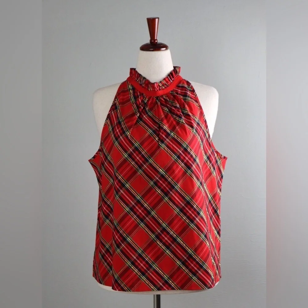 🎁Ruffleneck Sleeveless Cotton Poplin Top in Plaid Holiday Red, M